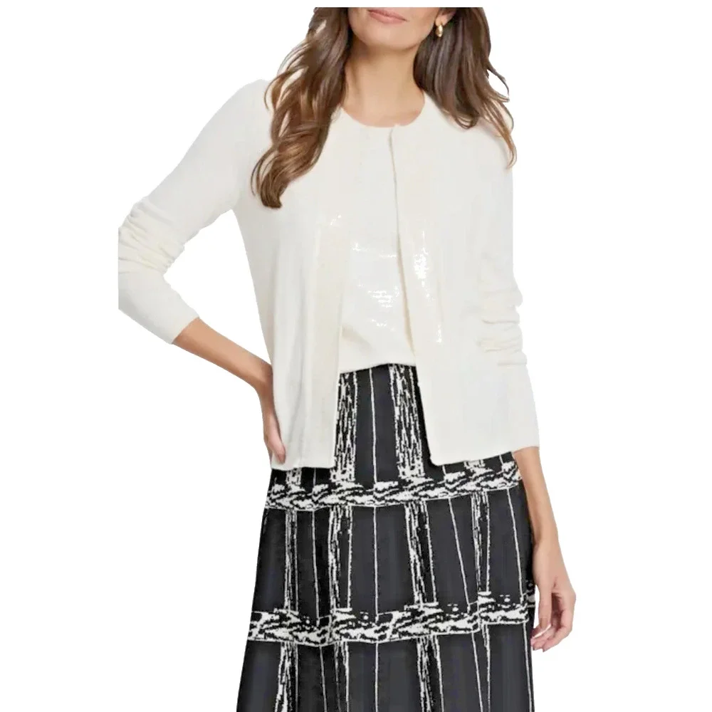 Nic+Zoe Cream Sequin Trim Cardigan Small Open Front Knit NWT - Picture 1 of 5